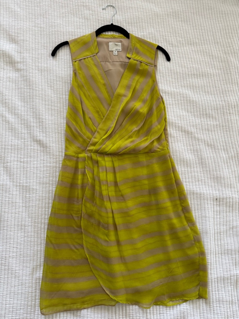 Greylin Lime and Beige Striped Sleeveless Wrap Dress